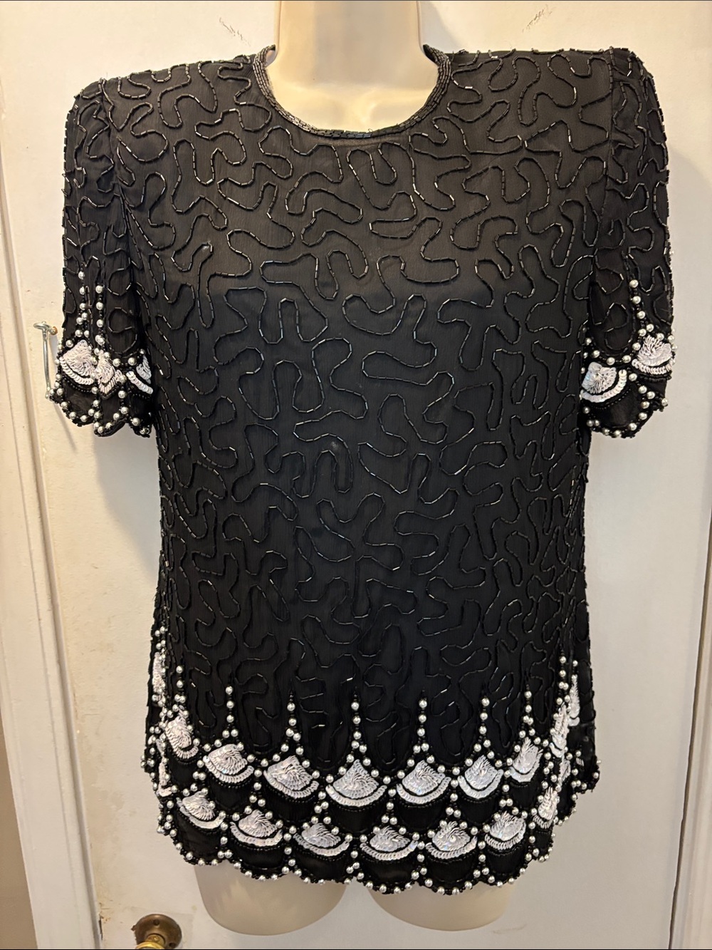 Laurence Kazar Vintage  Small Black Beaded Silk Top Sequins & Scallop Hem 26-440